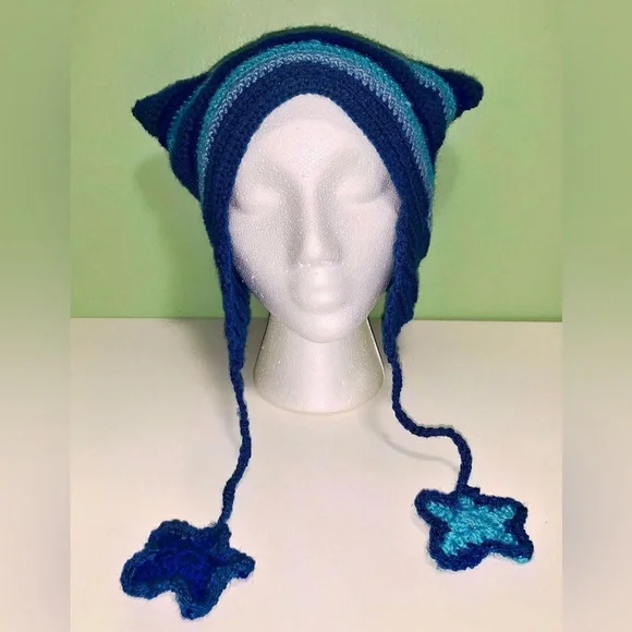 ✨ Hand-Crocheted Cat Ear Beanie Hat in Ocean Blues! 🌊 - Picture 2 of 2
